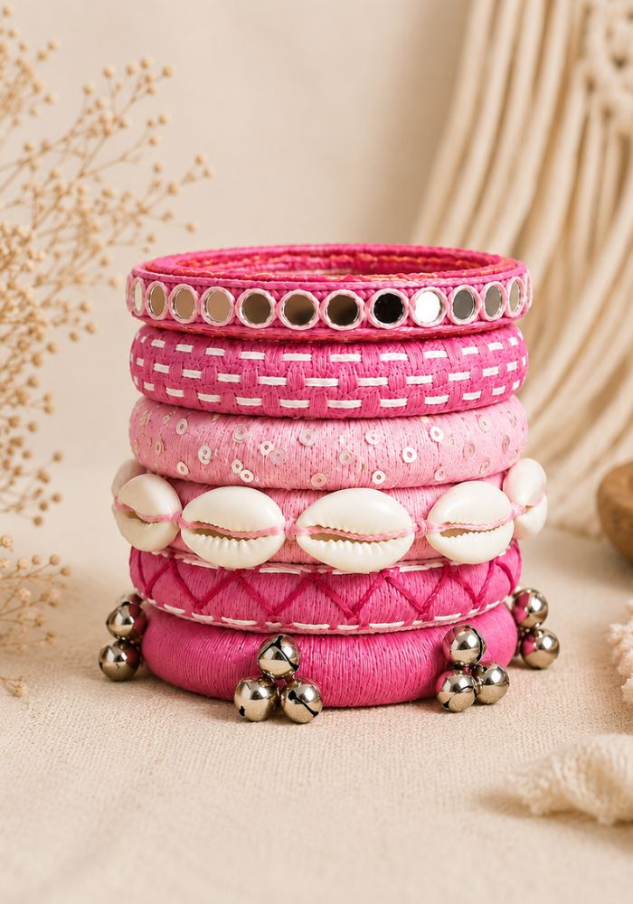 Handmade Pink Bangles Set for Women | Traditional Kodi, Mirror, Cowrie Shell & Ghungroo Bridal Bangles (Copy) (Copy)