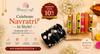 A festive promotional banner for the Bhawcraft Collection Navratri Collection, featuring a black bangle set with silver coins on a wooden stand and a roll of colorful bangles in green, pink, orange, and yellow. The background is a warm beige decorated with dried flowers, a lit diya, and promotional text overlays.